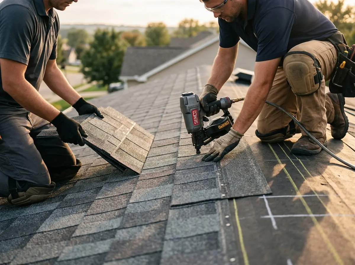 Professional roofer working on a residential roof in Alpena